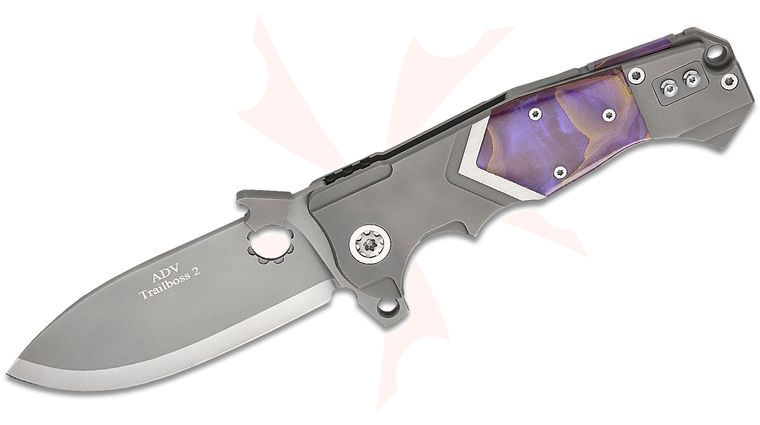 Andre De Villiers Knives Trailboss 2 Flipper Knife 4 inch S35VN Blasted Spear Point Blade with Wave, V-Milled Titanium Handles with Purple Raffir Noble Inlays