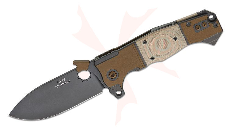 Andre De Villiers Knives Trailboss Flipper Knife 4 inch S35VN Black Cerakote Spear Point Blade with Wave, Bronze/Black Titanium Handles with Copper Matrix Inlays