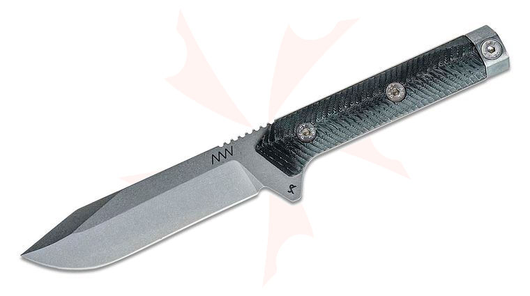 Acta Non Verba M73 Kontos Fixed Blade Knife 4.9 inch Sleipner Stonewash Recurve Bowie, Black Micarta Handles, Black Kydex Sheath