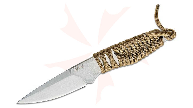 Acta Non Verba P100 Neck Knife 3 inch Sleipner Stonewash Drop Point, One-Piece Construction, Coyote Paracord Wrapped Handles, Black Kydex Sheath