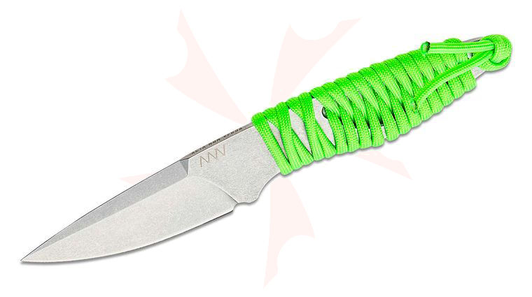 Acta Non Verba P100 Neck Knife 3 inch Sleipner Stonewash Drop Point, One-Piece Construction, Neon Green Paracord Wrapped Handles, Black Kydex Sheath