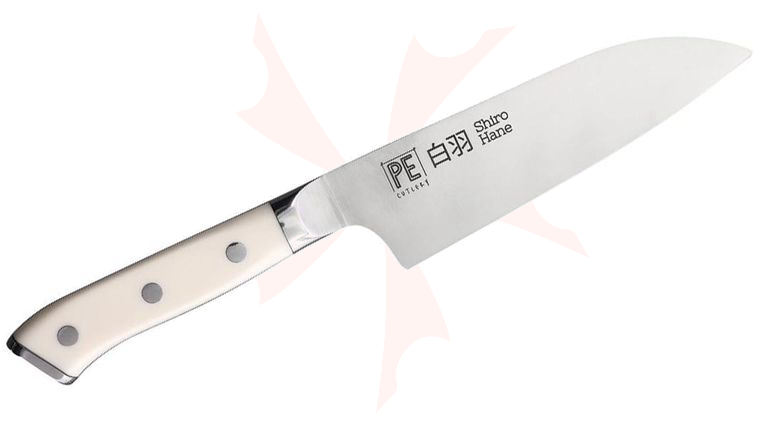 Apogee Dragon Shiro Hane 6 inch Santoku Knife, White Corian Handles