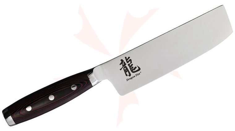 Apogee Dragon Fire 7 inch Nakiri Knife, Red/Black Micarta Handles