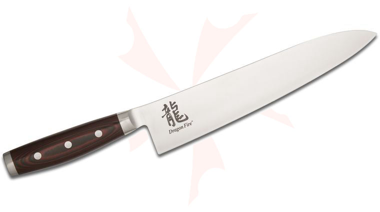 Apogee Dragon Fire 9.5 inch Chef's Knife, Red/Black Micarta Handles