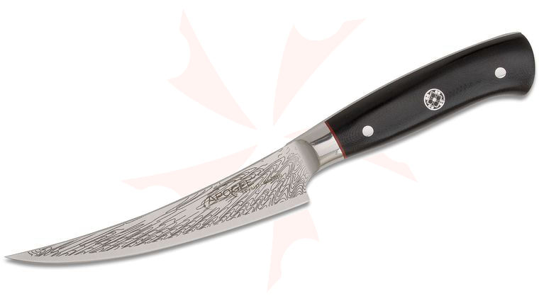 Apogee Dragon Storm 5.5 inch Acid Etched Fillet Knife, Black G10 Handles
