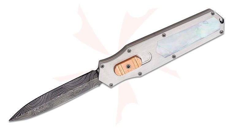 ARS Knives Custom LTR Laid to Rest #5 OTF AUTO Knife 3 inch Nichols Damascus Double Edge Dagger Blade, 416 Stainless Steel Handles with Mother of Pearl Inlays