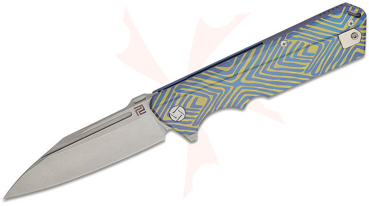 ArtisanCutlery Littoral Flipper Knife 3.74 inch S35VN Stonewashed Drop Point, Blue and Gold Anodized Titanium Handles