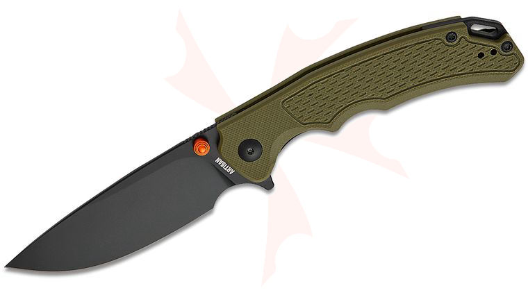 ArtisanCutlery Tradition V2 Flipper Knife 3.58 inch AR-RPM9 Black PVD Drop Point Blade, Green G10 Handles