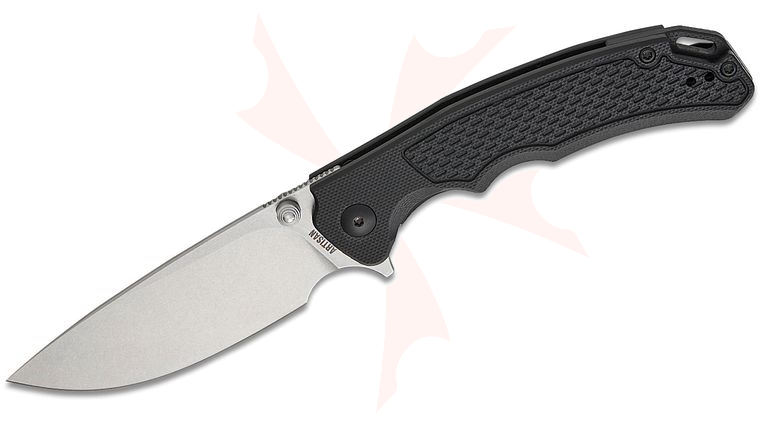 ArtisanCutlery Tradition V2 Flipper Knife 3.58 inch AR-RPM9 Stonewashed Drop Point Blade, Black G10 Handles