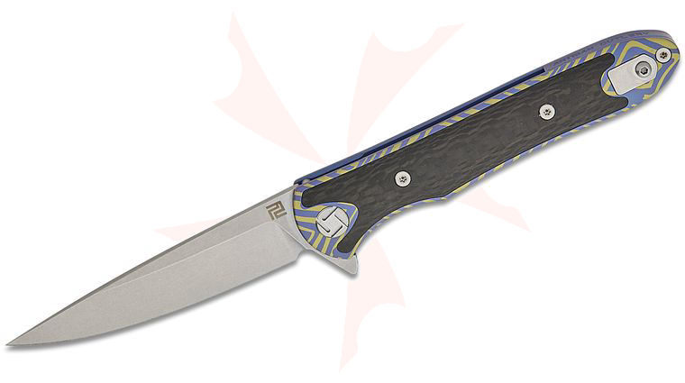 ArtisanCutlery Shark Flipper Knife 4 inch S35VN Stonewashed Blade, Blue and Gold Anodized Titanium Handles w/ Carbon Fiber Inlay 