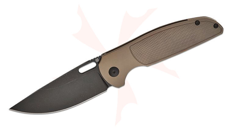 ArtisanCutlery Satyr Frame Lock Folding Knife 3.35 inch CPM-S90V Black Stonewashed Drop Point Blade, Bronze Milled Titanium Handles