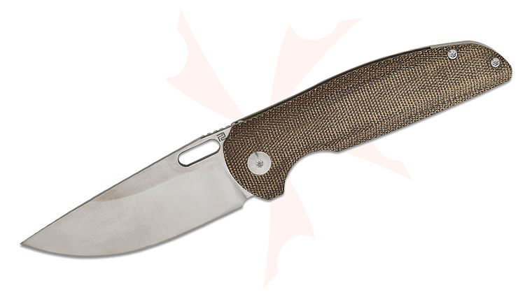 ArtisanCutlery Satyr Frame Lock Folding Knife 3.35 inch CPM-S90V Sand Polished Drop Point Blade, OD Green Canvas Micarta and Titanium Handles