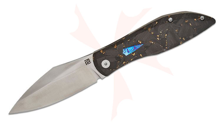 ArtisanCutlery Weyden Frame Lock Front Flipper Knife 3.23 inch S90V Sand Polished Harpoon Blade, Gold Flake Carbon Fiber and Gray Milled Titanium Handles with Timascus Inlay
