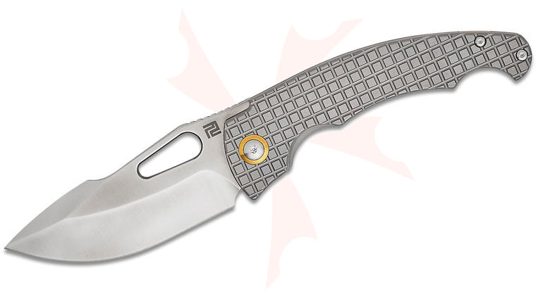 ArtisanCutlery Mini Xcellerator Frame Lock Folding Knife 3.23 inch S90V Sand Polished Harpoon Blade, Fragged Titanium Handles