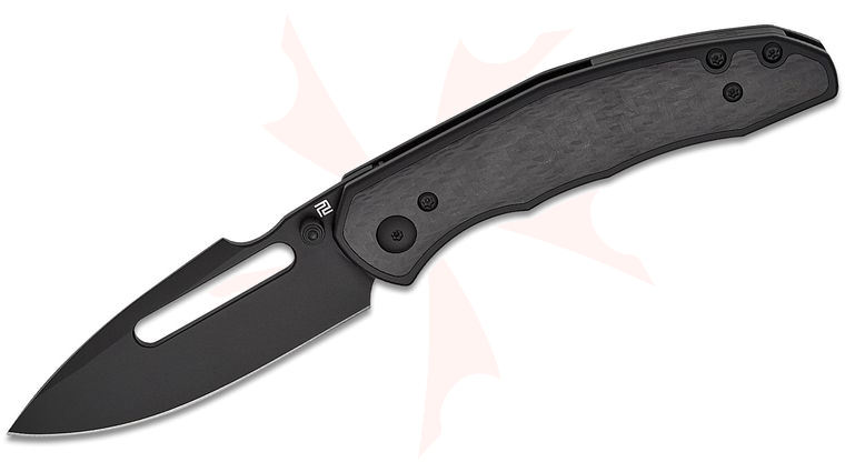 ArtisanCutlery Boa Frame Lock Front Flipper Knife 3.12 inch S35VN Black Harpoon Blade, Black Titanium Handles with Carbon Fiber Inlays