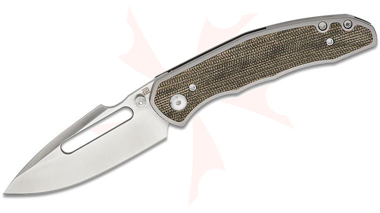 ArtisanCutlery Boa Frame Lock Front Flipper Knife 3.12 inch S35VN Sand Polished Harpoon Blade, Titanium Handles with Green Canvas Micarta Inlays