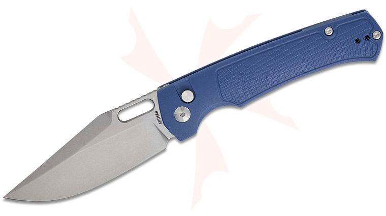 ArtisanCutlery Ray Laconico Revel Button Lock Folding Knife 3.54 inch S90V Stonewashed Clip Point Blade, Blue FRN Handles