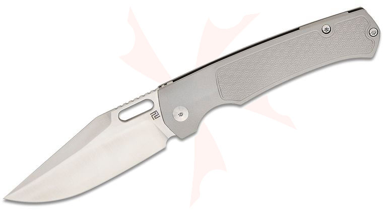 ArtisanCutlery Limited Edition Ray Laconico Revel Frame Lock Folding Knife 3.54 inch CPM-MagnaCut Sand Polished Clip Point Blade, Milled Gray Titanium Handles