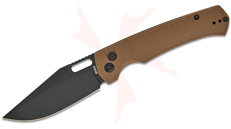 ArtisanCutlery Ray Laconico Revel Button Lock Folding Knife 3.54 inch AR-RPM9 Black Clip Point Blade, Brown FRN Handles