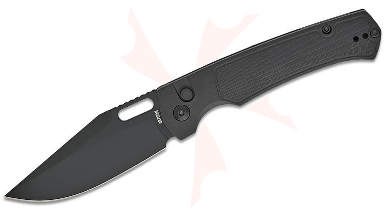 ArtisanCutlery Ray Laconico Revel Button Lock Folding Knife 3.54 inch AR-RPM9 Black Clip Point Blade, Black FRN Handles