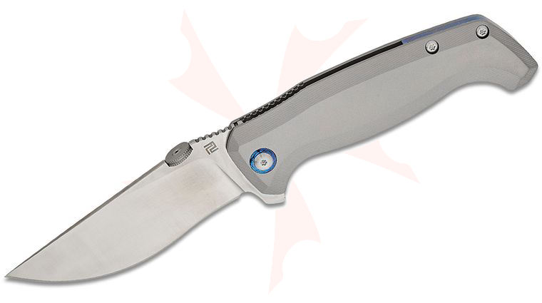 ArtisanCutlery Dirk Pinkerton Kami Flipper Knife 3.78 inch S35VN Sand Polished Recurve Drop Point Blade, Gray Titanium Handles with Timascus Accents