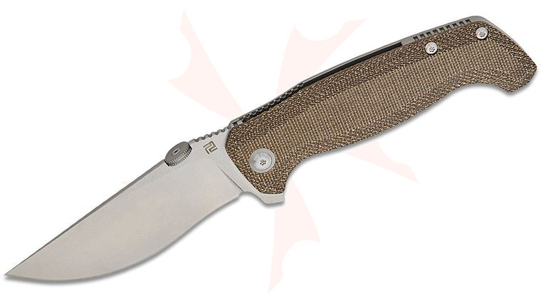 ArtisanCutlery Dirk Pinkerton Kami Flipper Knife 3.78 inch S35VN Stonewashed Recurve Drop Point Blade, OD Green Micarta and Titanium Handles