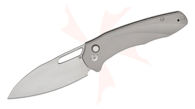 ArtisanCutlery Ornis Button Lock Folding Knife 3.52 inch CPM-S90V Satin Drop Point Blade, Smooth Gray Titanium Handles