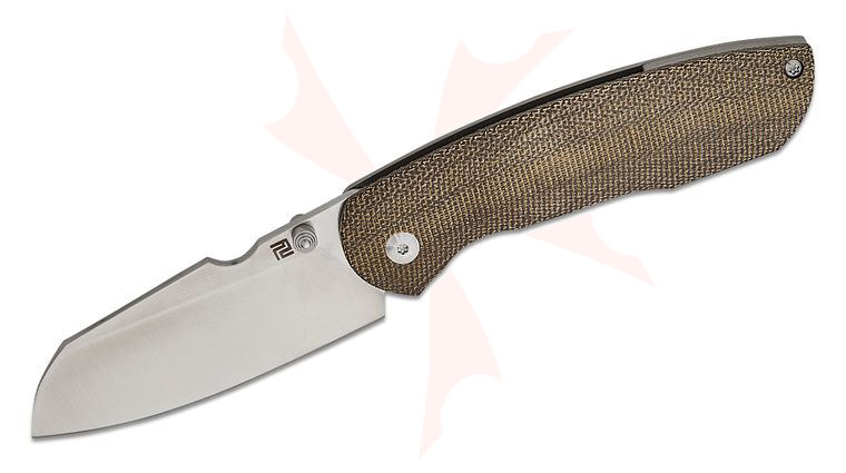 ArtisanCutlery Johnathan Shaw Prime Frame Lock Folding Knife 3 inch S90V Sand Polished Sheepsfoot Blade, Green Canvas Micarta and Gray Milled Titanium Handles