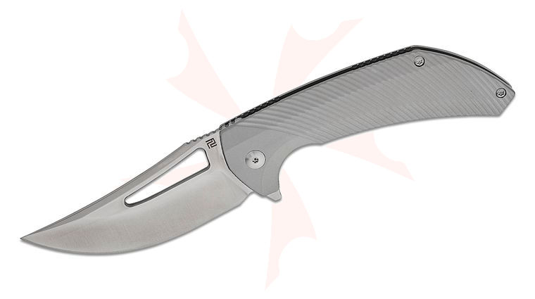 ArtisanCutlery Banjaara Frame Lock Flipper Knife 3.52 inch S90V Sand Polished Scimitar Blade, Gray Milled Titanium Handles