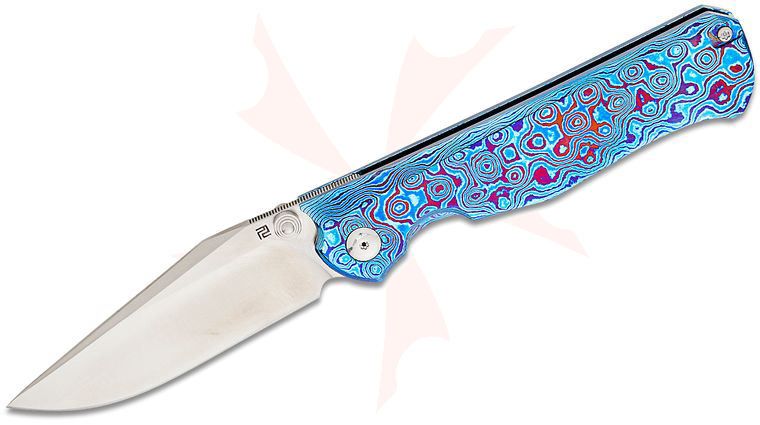 ArtisanCutlery Nick Rogers Caruso Frame Lock Folding Knife 3.54 inch S90V Sand Polished Clip Point Blade, Milled Timascus Handles