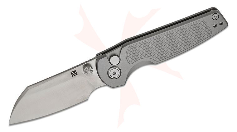 ArtisanCutlery Cleo Button Lock Folding Knife 2.54 inch CPM-S90V Sand Polished Modified Wharncliffe Blade, Textured Gray Titanium Handles