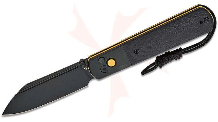 ArtisanCutlery Holm Button Lock Folding Knife 3.1 inch AR-RPM9 Black Wharncliffe Blade, Black G10 Handles with Black Steel Bolsters