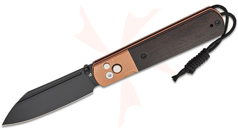ArtisanCutlery Holm Button Lock Folding Knife 3.1 inch AR-RPM9 Black Wharncliffe Blade, Ebony Wood Handles with Rose Gold Steel Bolsters
