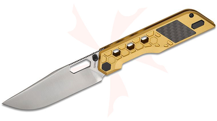 ArtisanCutlery Beest Frame Lock Front Flipper Knife 3.65 inch S35VN Satin Drop Point Blade, Milled Gold Titanium Handles with Carbon Fiber Inlays