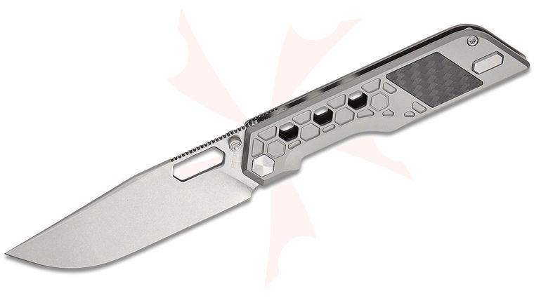 ArtisanCutlery Beest Frame Lock Front Flipper Knife 3.65 inch S35VN Stonewashed Drop Point Blade, Milled Gray Titanium Handles with Carbon Fiber Inlays