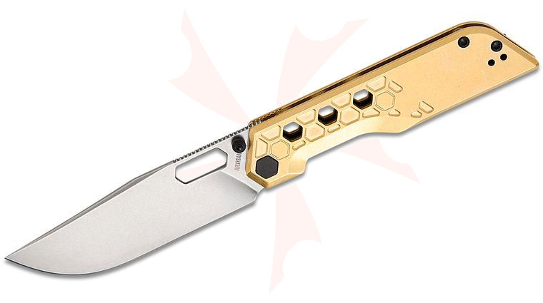 ArtisanCutlery Beest Front Flipper Knife 3.65 inch AR-RPM9 Stonewashed Drop Point Blade, Milled Brass Handles