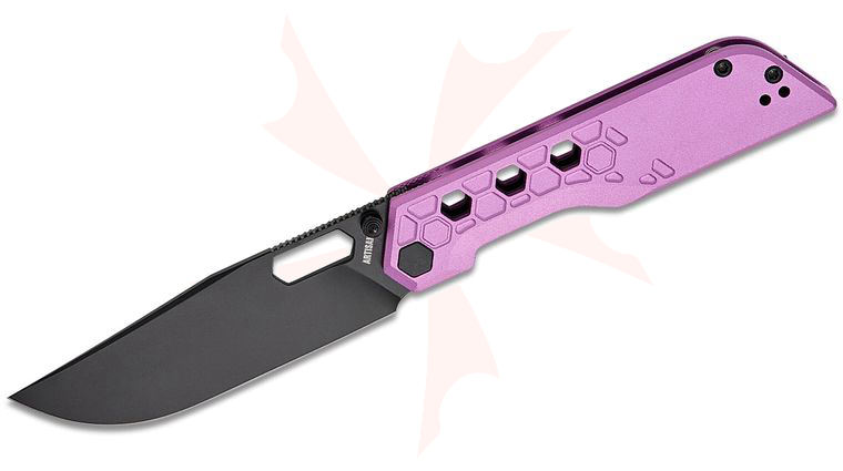 ArtisanCutlery Beest Front Flipper Knife 3.65 inch AR-RPM9 Black Drop Point Blade, Milled Purple Aluminum Handles