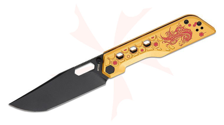 ArtisanCutlery 1878P-GL Beest Limited Edition Front Flipper Knife 3.65 inch AR-SFII Black PVD Drop Point Blade,  inchGilded Shadow inch Gold Aluminum Handles