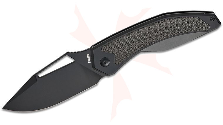 ArtisanCutlery Fragarach Frame Lock Folding Knife 3.72 inch S90V Black PVD Drop Point Blade, Milled Black Titanium Handles with Side Cut FatCarbon Inlays