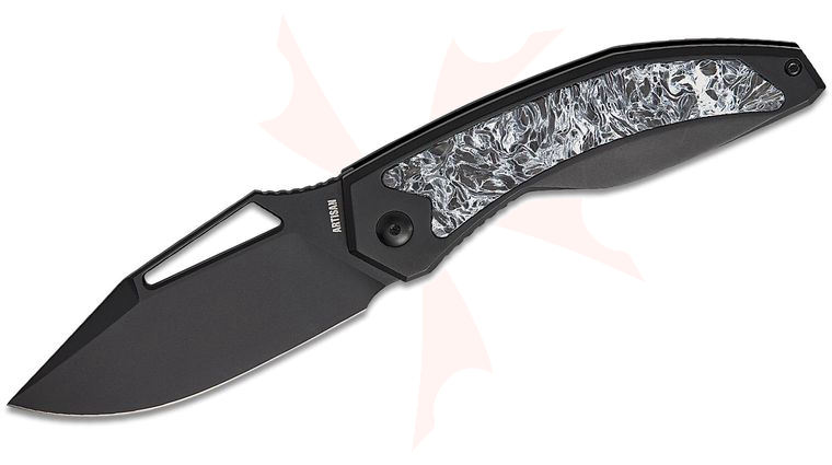 ArtisanCutlery Fragarach Frame Lock Folding Knife 3.72 inch S90V Black PVD Clip Point Blade, Milled Black Titanium Handles with Polar Dark Matter FatCarbon Inlays