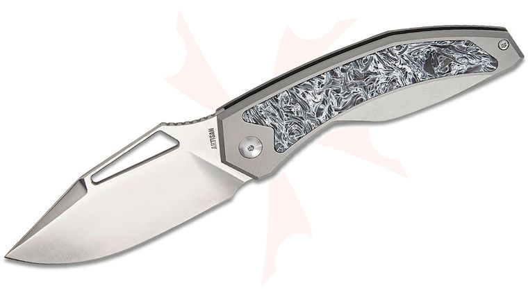 ArtisanCutlery Fragarach Frame Lock Folding Knife 3.72 inch S90V Polished Clip Point Blade, Milled Titanium Handles with Polar Dark Matter FatCarbon Inlays