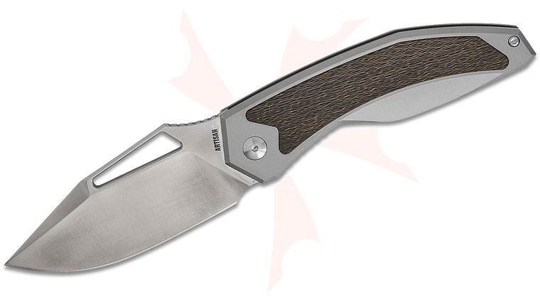 ArtisanCutlery Fragarach Frame Lock Folding Knife 3.72 inch S90V Satin Drop Point Blade, Milled Titanium Handles with Black/Gold FatCarbon Inlays