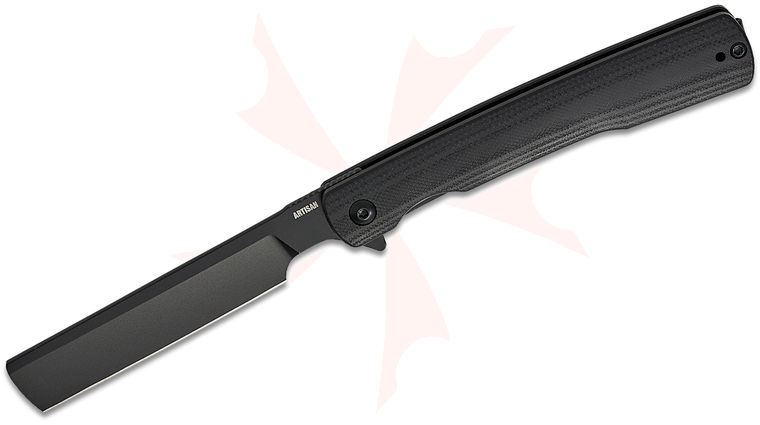 ArtisanCutlery Orthodox V2 1883P-BBK Flipper Knife 3.54 inch Black PVD Razor Blade, Contoured Black G10 Handles