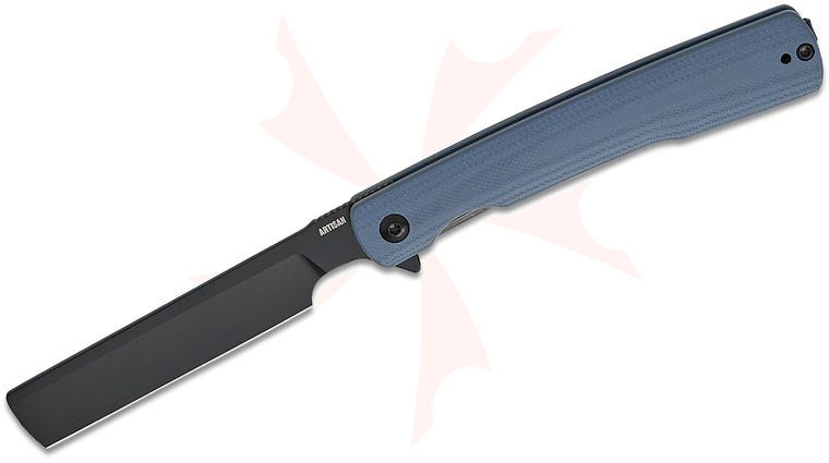 ArtisanCutlery Orthodox V2 1883P-BBK Flipper Knife 3.54 inch Black PVD Razor Blade, Contoured Blue G10 Handles