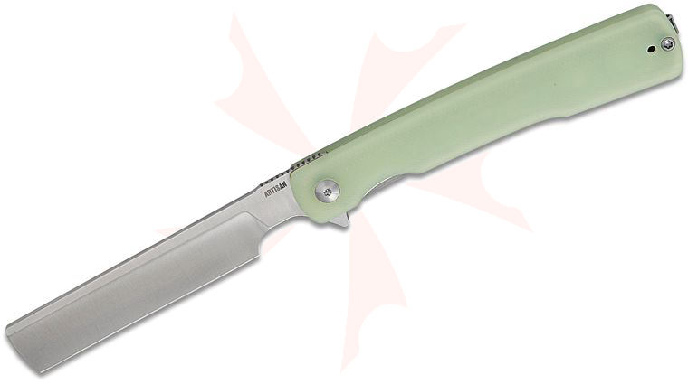 ArtisanCutlery Orthodox V2 1883P-BBK Flipper Knife 3.54 inch Sand Polished Razor Blade, Contoured Nature Green G10 Handles
