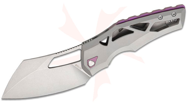 ArtisanCutlery Tortoise Frame Lock Front Flipper Knife 3.7 inch S35VN Stonewashed Modified Sheepsfoot Blade, Blasted Titanium Handles with Purple Accents