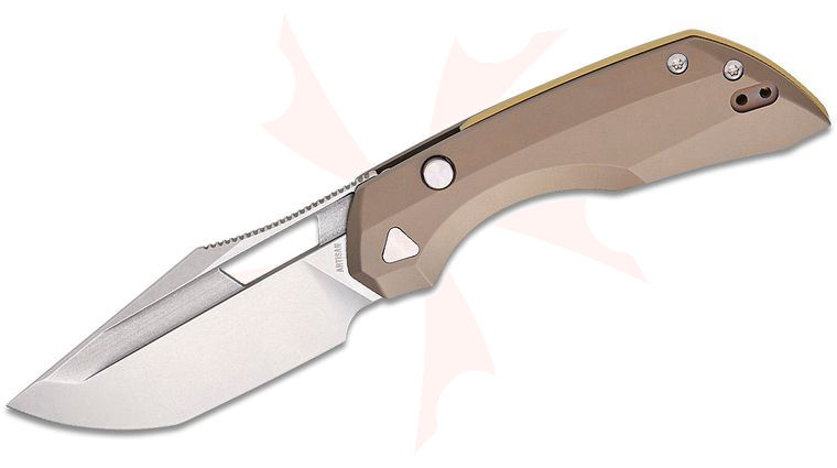 ArtisanCutlery Mousebird Top Liner Lock Folding Knife 3 inch S35VN Stonewashed Clip Point Blade, Gold Titanium Handles