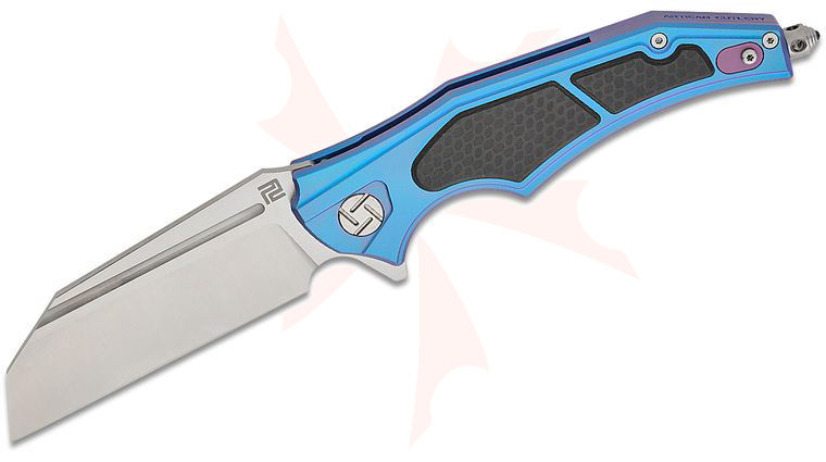 ArtisanCutlery Apache Nomad Flipper Knife 3.82 inch M390 Wharncliffe Blade, Blue Titanium Handles with Carbon Fiber Onlays