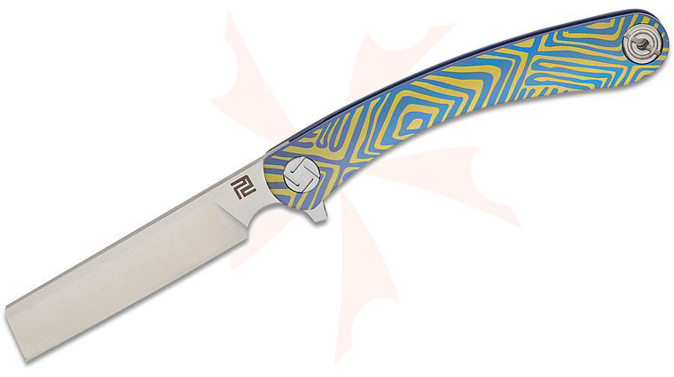 ArtisanCutlery Orthodox Flipper Knife 2.95 inch S35VN Satin Razor Blade, Blue and Gold Anodized Titanium Handles