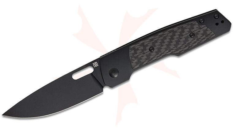 ArtisanCutlery The Gambit Black Knight Folding Knife 3.5 inch CPM-S90V Black PVD Drop Point Blade, Black Titanium Handles with Carbon Fiber Inlays